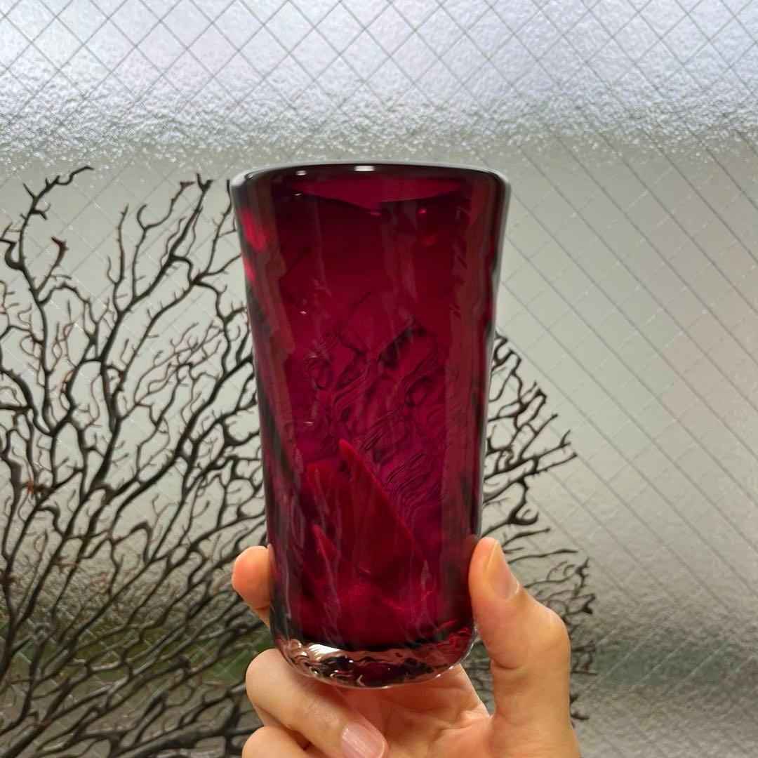 骨董　時代　希少金赤ガラス　モールガラス調　流線型ピルスナー　ビアグラス　ウラン