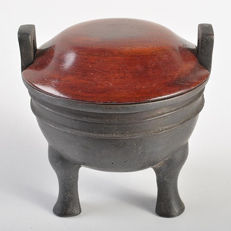 中国　古銅　双耳三つ足鼎　香炉　唐木蓋付　M　R7404