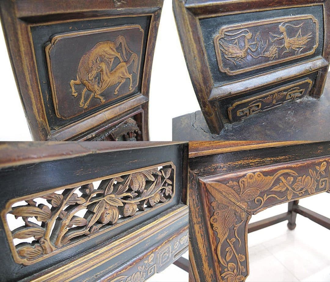 清末民初期頃 中国古典 官帽椅 人物彫刻 硬木 古家具 中国古玩　李朝家具