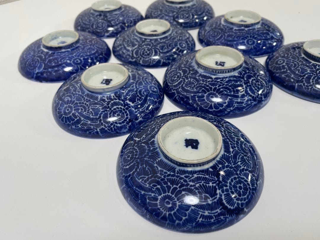 古伊万里 染付 花唐草模様 レトロ 明治 蓋付き 茶碗 8客 蓋9客