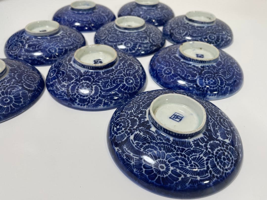 古伊万里 染付 花唐草模様 レトロ 明治 蓋付き 茶碗 8客 蓋9客