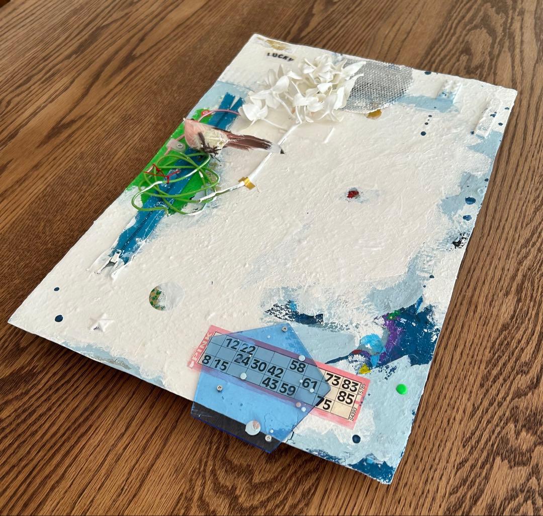 コラージュアート作品　ミクストミディア　和紙　ペイント　アメリカ