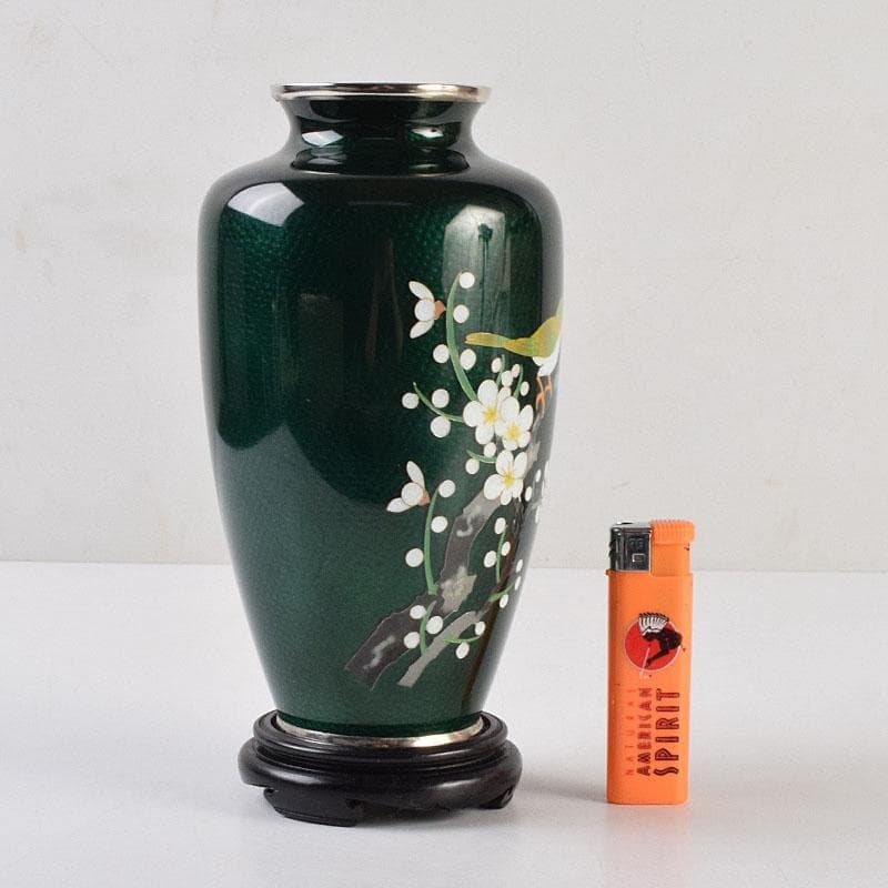 七宝焼　熱化工業　透釉　花鳥文　花瓶　唐木台・箱付　V　R9322