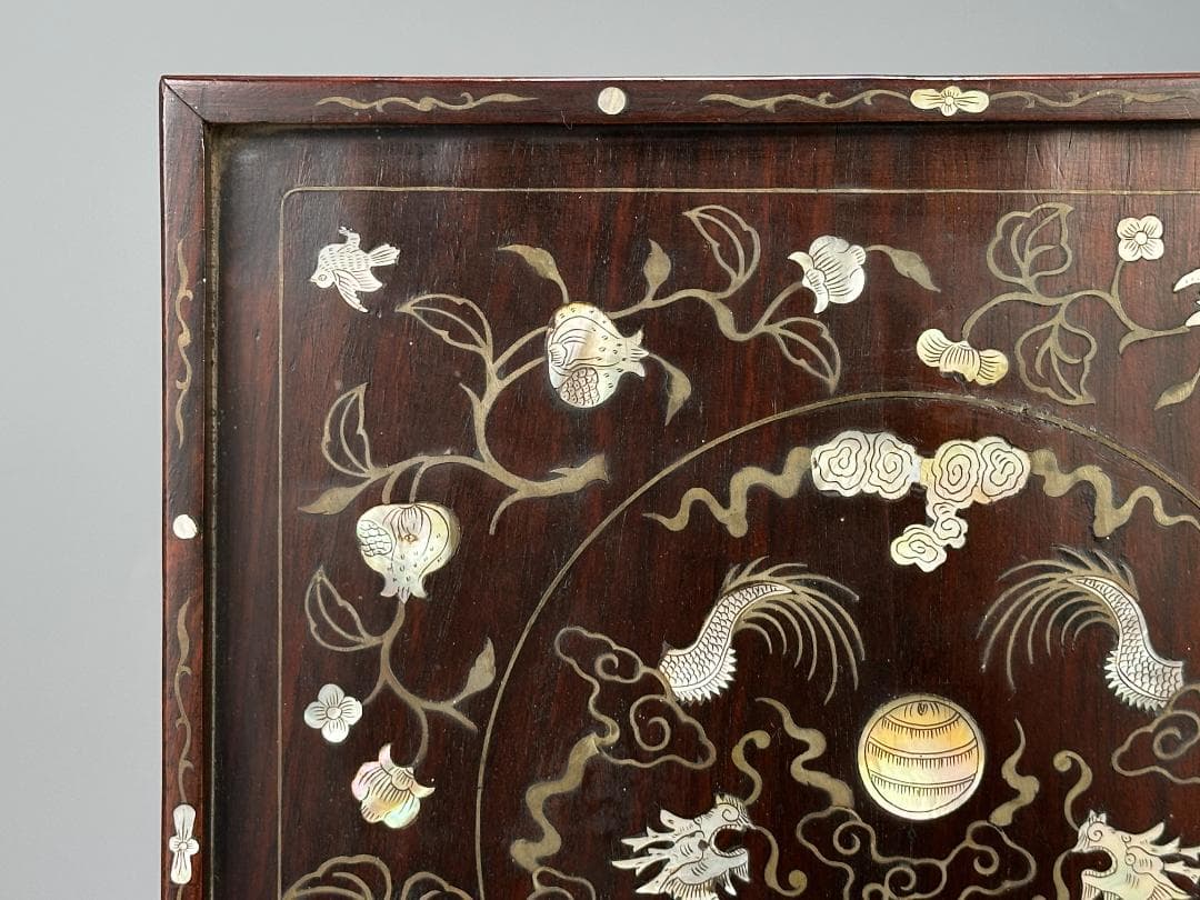 中国美術　清時代 花梨木　螺鈿嵌　双龍文　茶盤　引き出し付　書斎道具　李朝螺鈿
