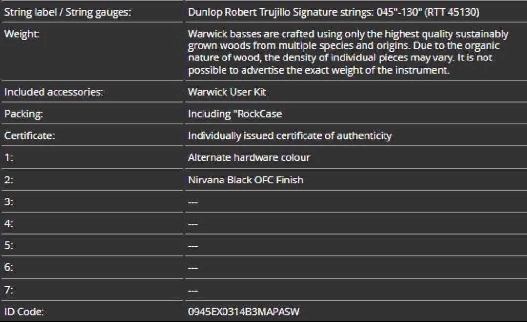ベース Warwick Custom Shop Robert Trujillo Sig