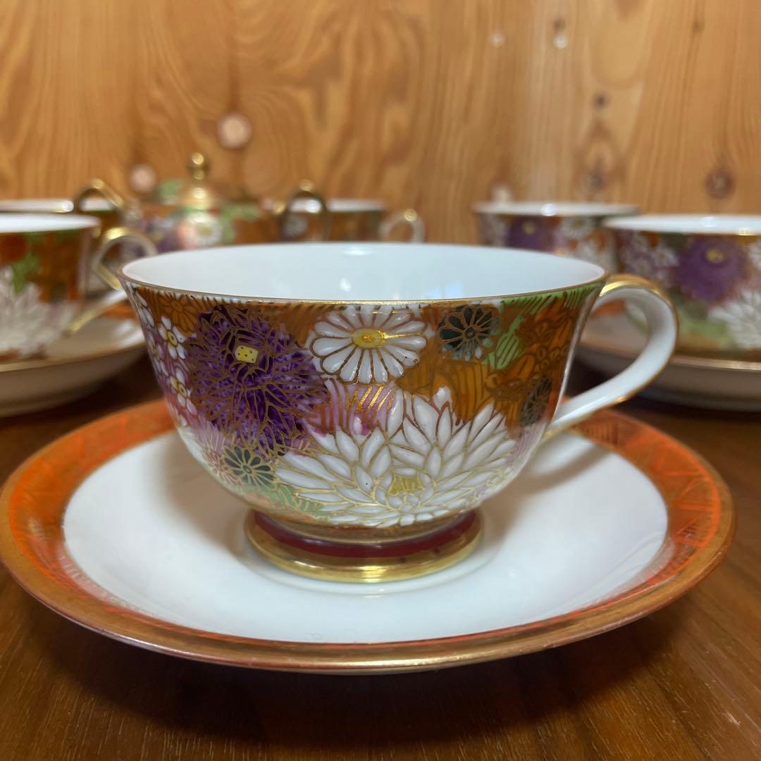 九谷焼 九谷祥隆 花詰 ティーカップ＆ソーサー 6客セット　シュガーポット