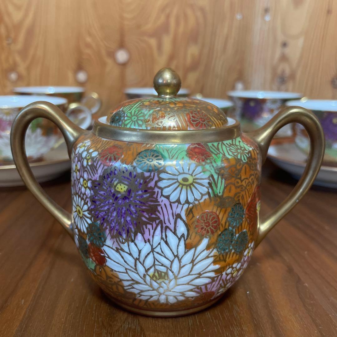 九谷焼 九谷祥隆 花詰 ティーカップ＆ソーサー 6客セット　シュガーポット