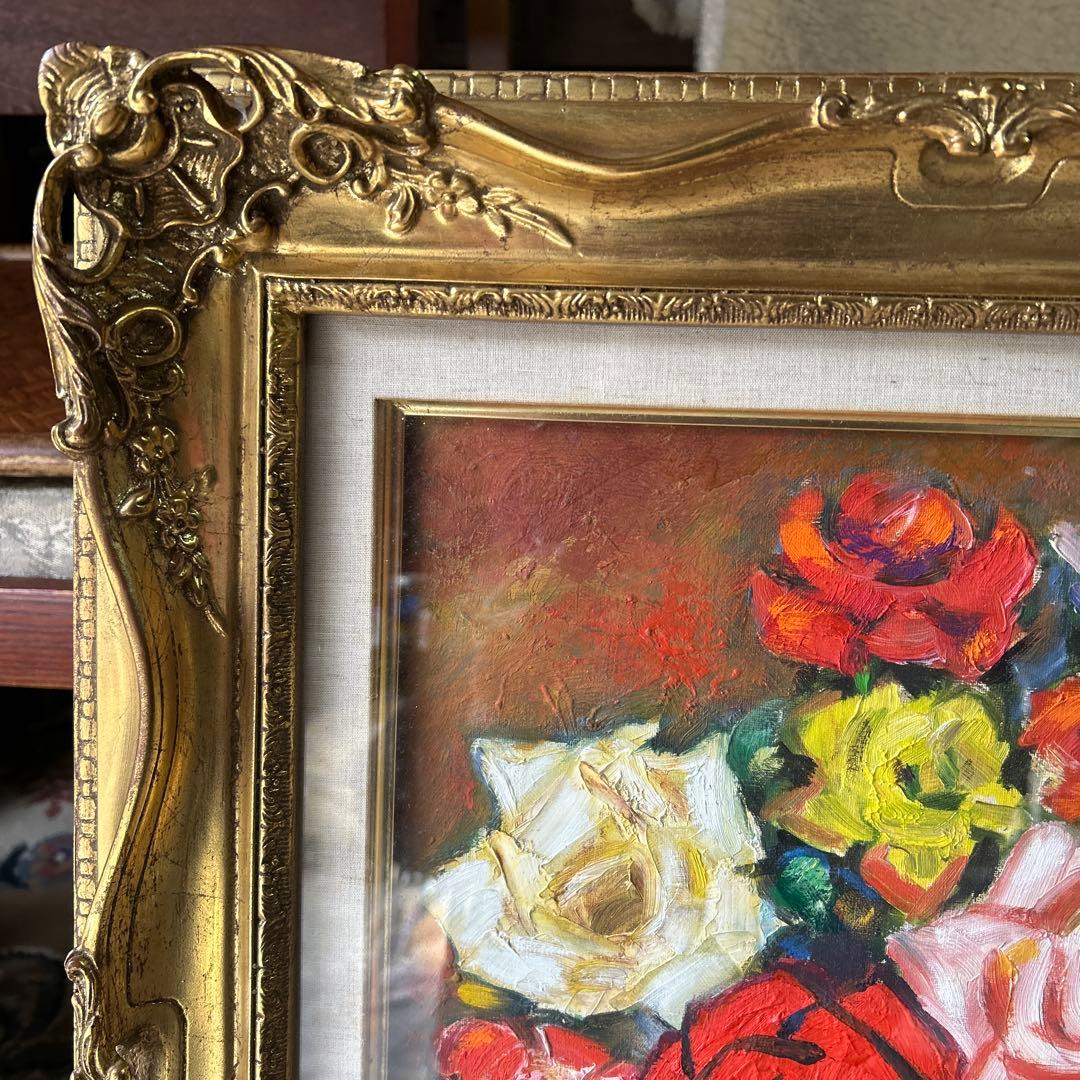 バラの花　油彩画 クラシック額付き　F6号