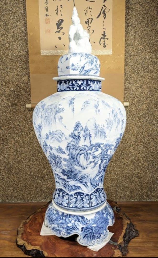 未使用　有田焼　沈香壺　染付　神右衛門作　総手描　特大八角壺　山水絵 三段飾り壷