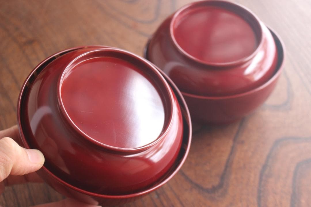 デッドストック！極上紅溜に優美な桐花蒔絵の映えるお椀2点（検輪島塗京塗煮物椀