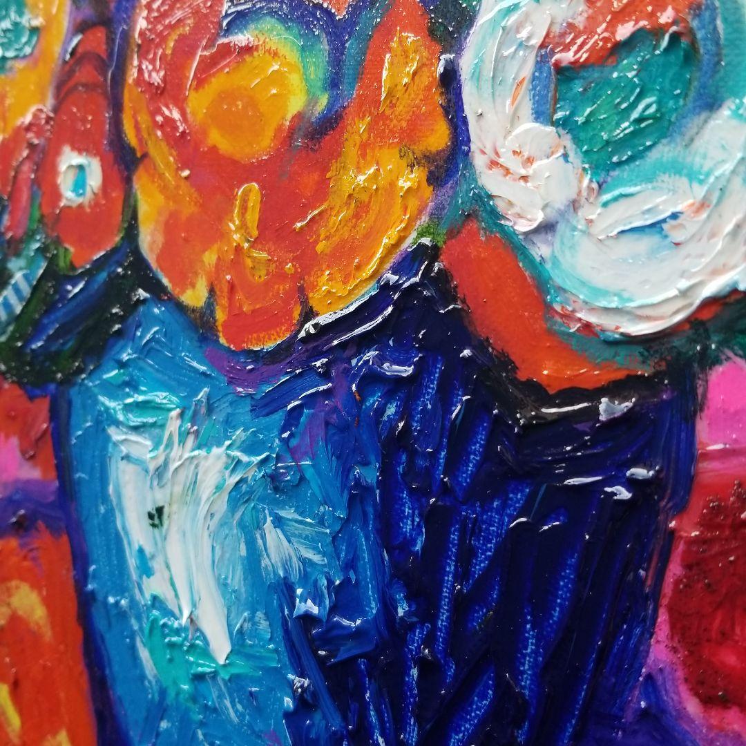 油絵　専用　赤いテーブルに置いた花瓶 　 抽象画