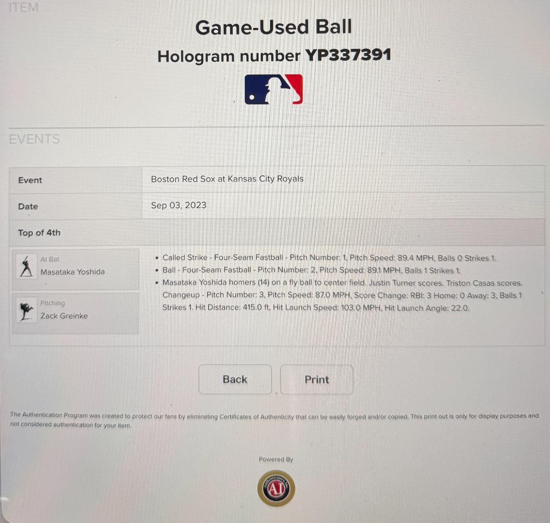 実使用【吉田正尚MLBルーキー時代第14号ホームランボール】