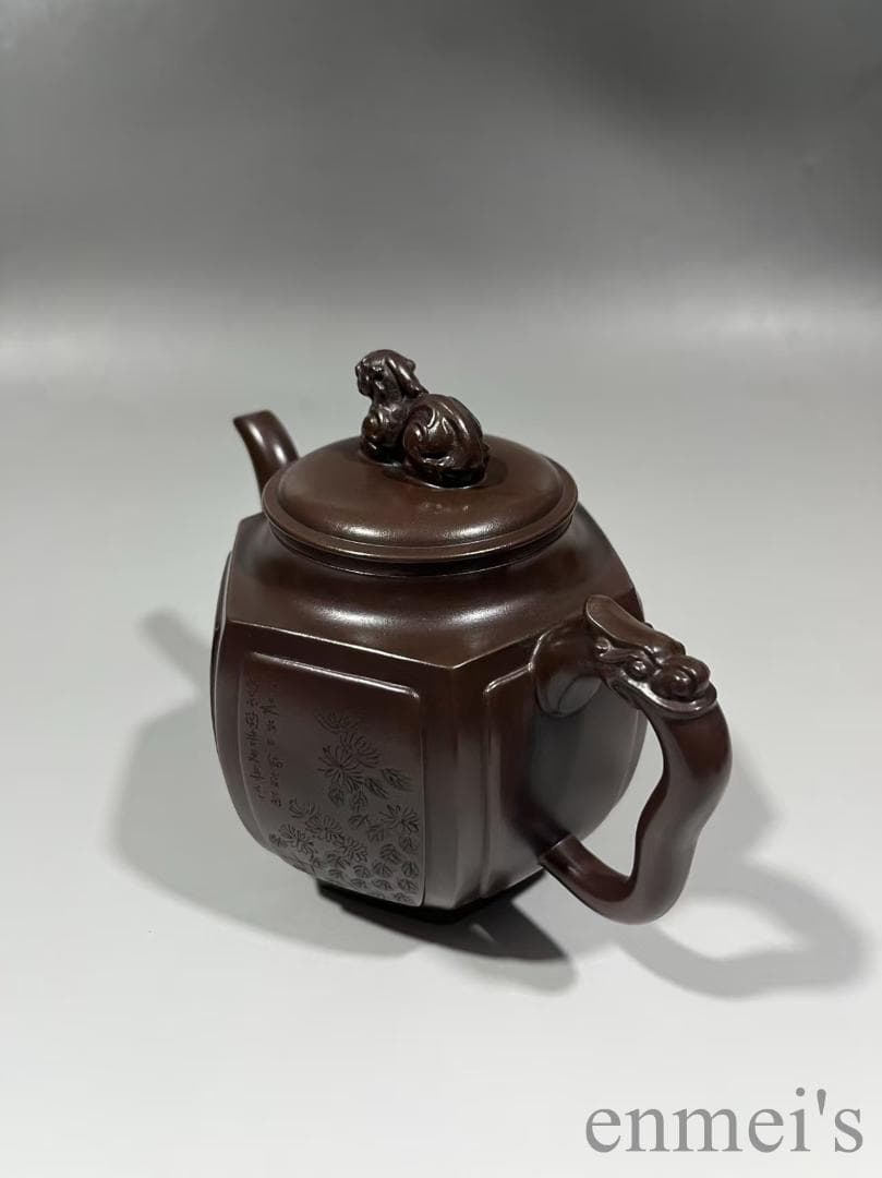 中国古美術 紫砂壺 六方壺 梅蘭竹菊刻紋 底款:徐漢棠 原鉱紫泥 茶壺 煎茶道具