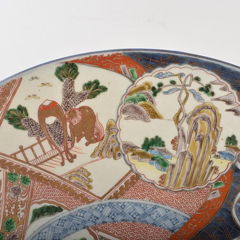 伊万里焼　古伊万里　染錦　人物山水文　大皿　飾皿　直径約46㎝　C　5650C