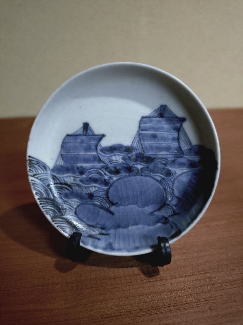 古伊万里 染付 青海波 帆船紋 豆皿 手塩皿