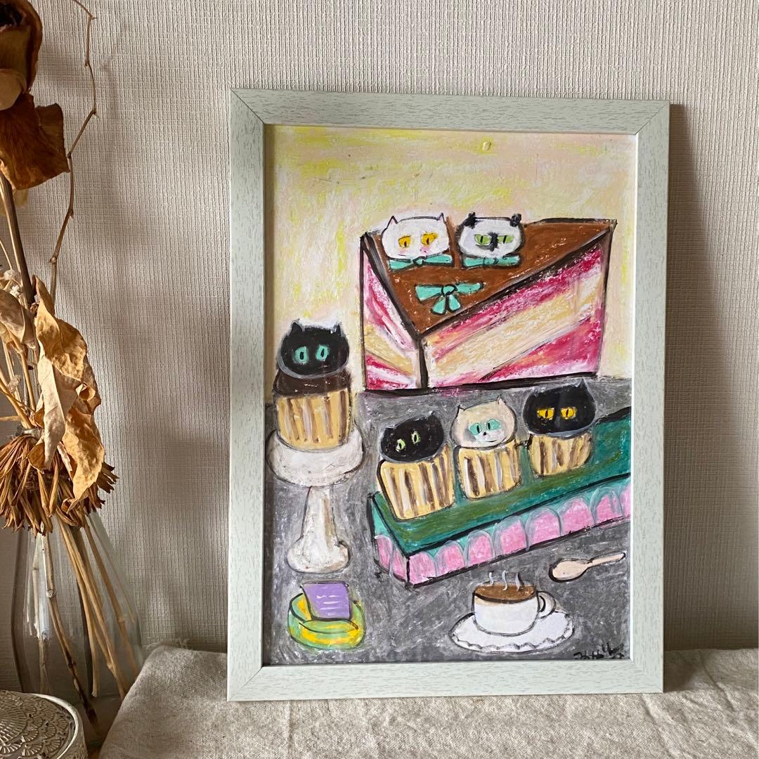 絵画。壁掛け原画【Cute cat cake】0 1