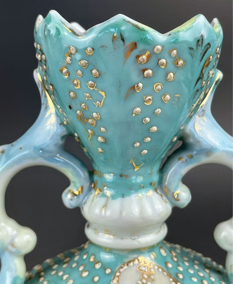 【希少】オールドニッポン 約２３cm アールヌーボー薔薇紋金盛り花瓶 ターコイズ