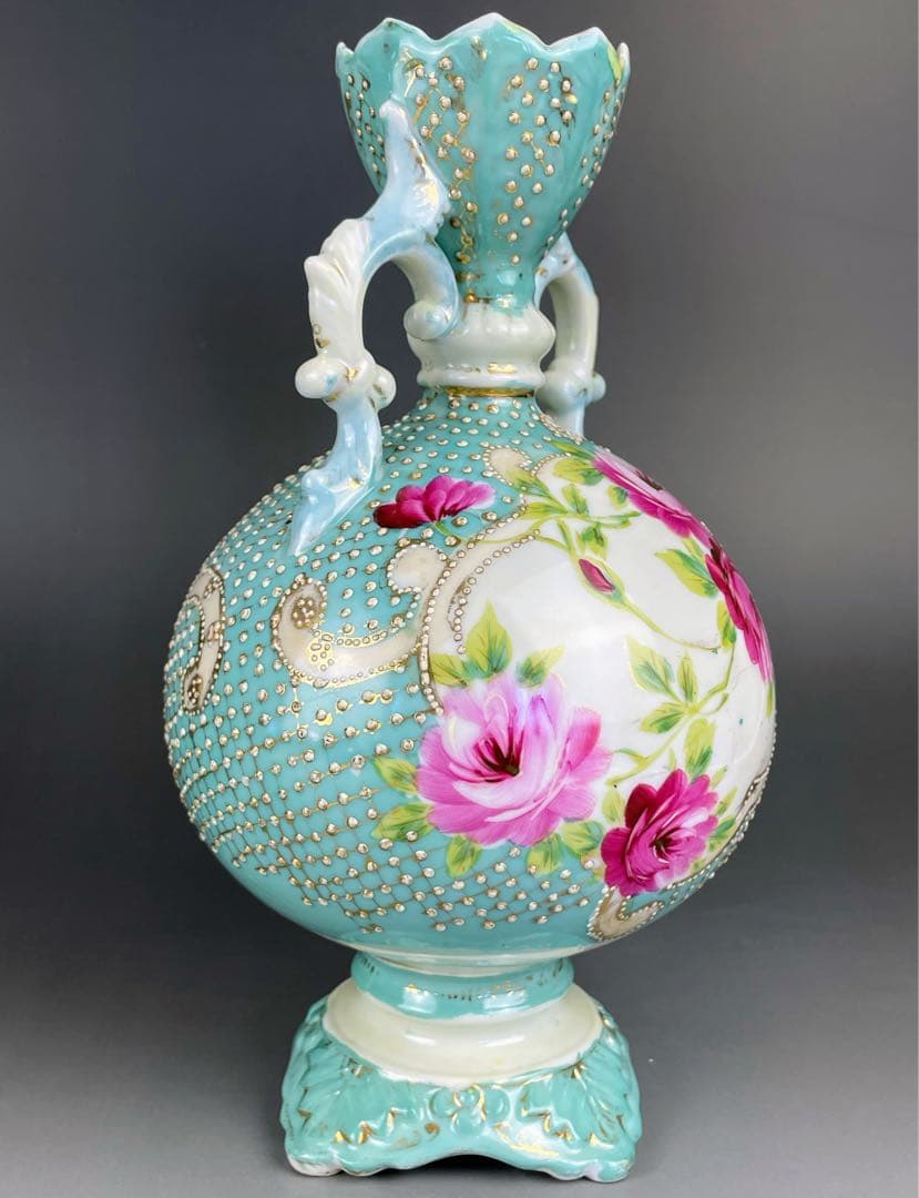 【希少】オールドニッポン 約２３cm アールヌーボー薔薇紋金盛り花瓶 ターコイズ