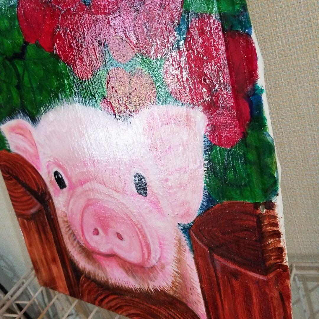 油絵　専用　花壇から顔を出した赤ちゃんぶた