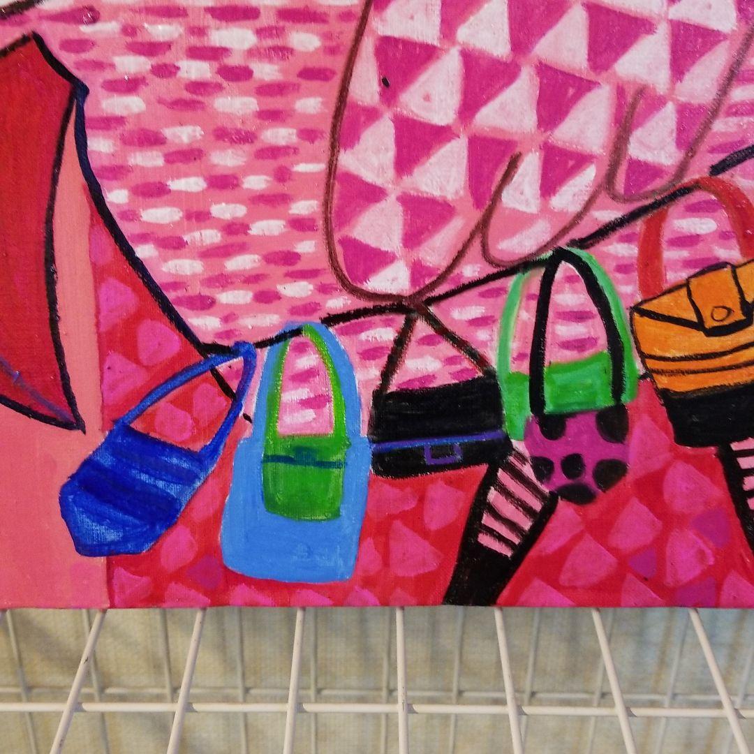 油絵　くーちゃん　バッグをたくさん持つ鳥