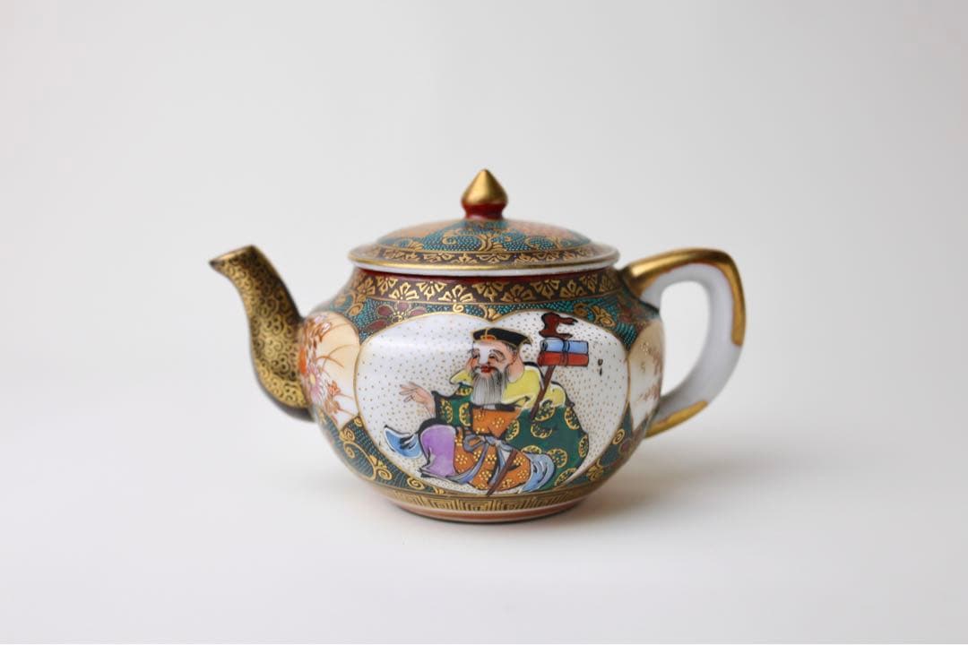 九谷焼　寿老人　細密絵　青海波　七宝図　青粒　煎茶器　急須　茶碗