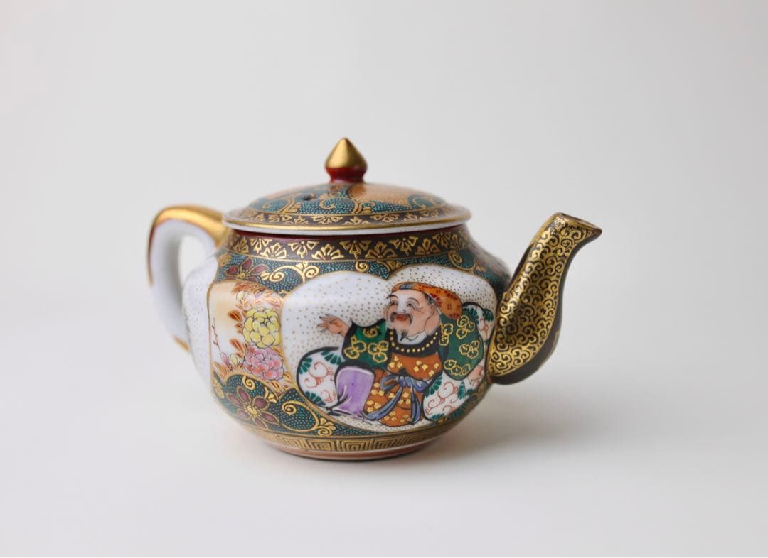 九谷焼　寿老人　細密絵　青海波　七宝図　青粒　煎茶器　急須　茶碗