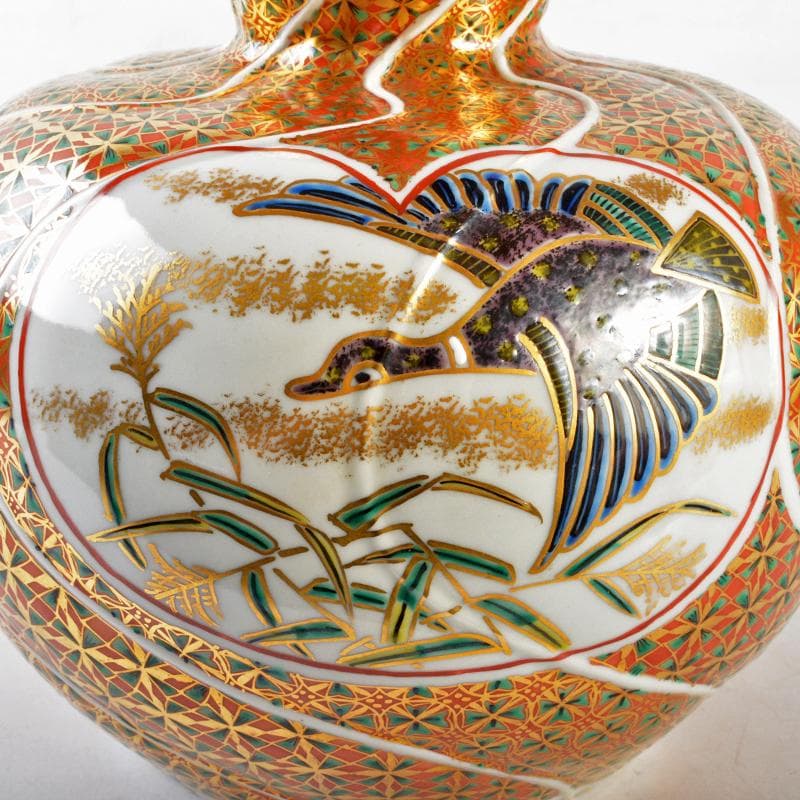 九谷焼　山本重義作　色絵　小紋手　鳥図　瓢箪瓶　共箱　D　R5292B