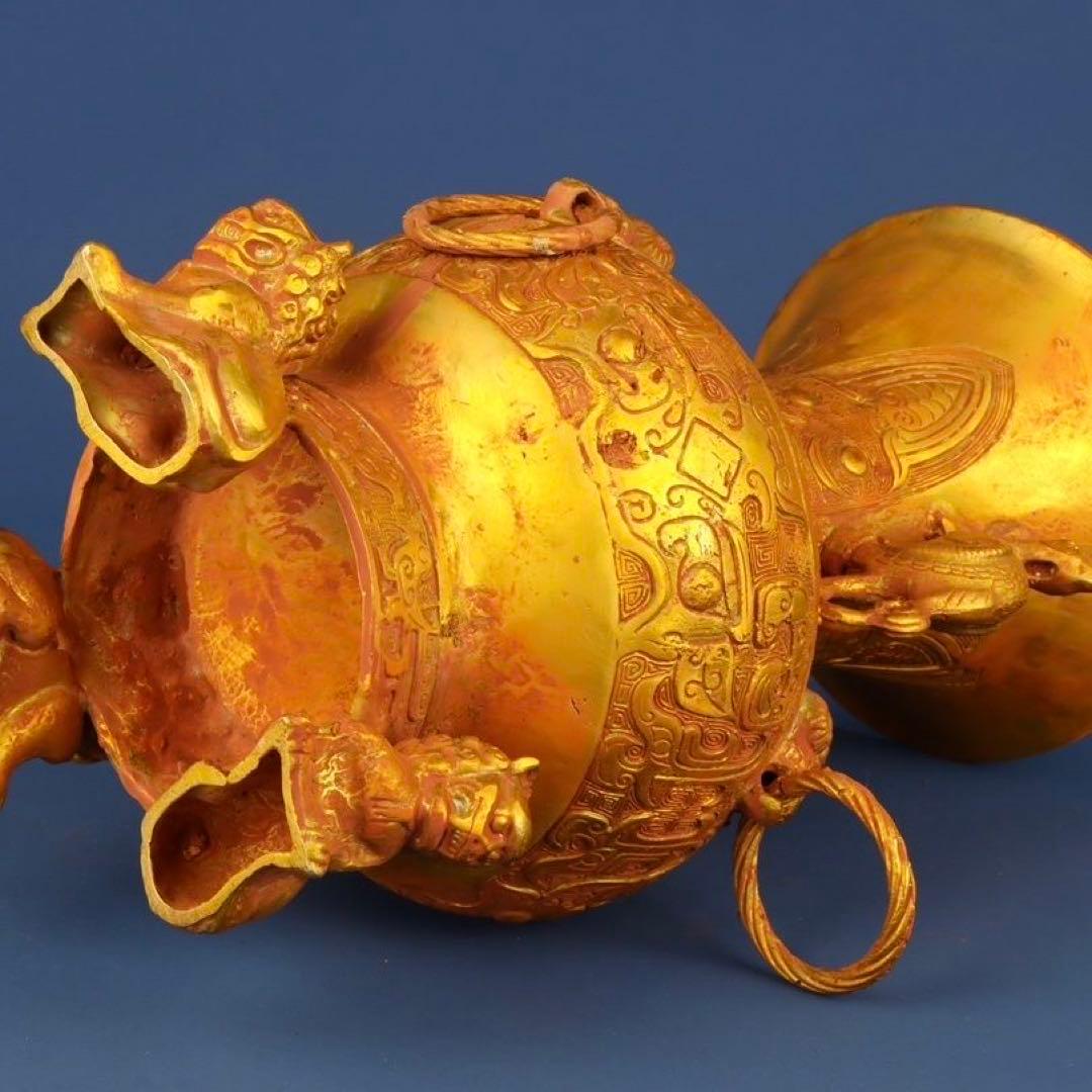 中国古美術 唐物旧蔵 純銅製西周冥紋塗金錯金獅足瓶 極細工 古賞物風水置物 絶品