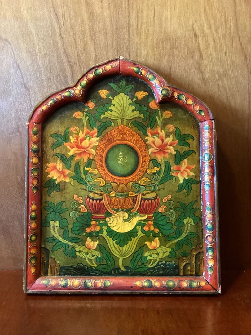 中国・雲南 シャングリラ　チベット文化圏 木製手描き花文様パネル　一点物