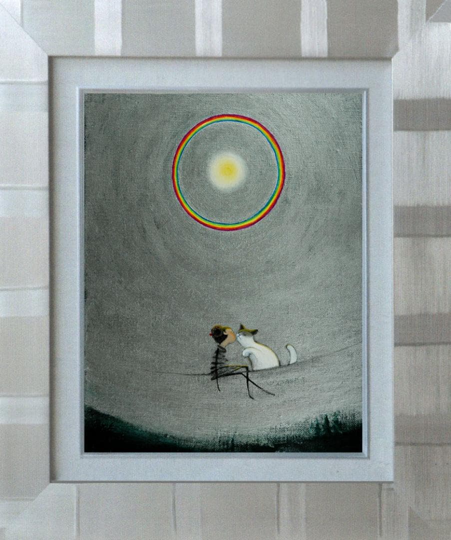 油絵 菅家令子 絵 絵画 インテリア額付(白) F3-031019 子猫と女の子