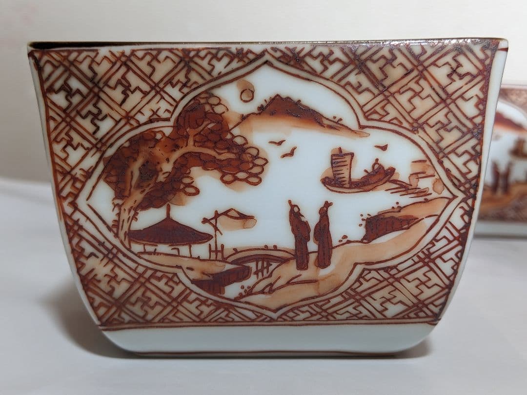 ♦有田焼 胡窯 赤絵 楼閣山水図 四方鉢 向付 九谷焼 茶道具 工芸品 骨董品