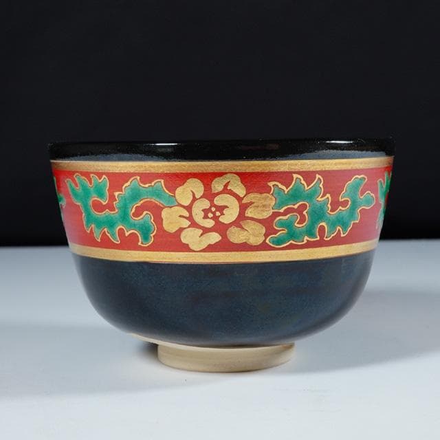 永楽即全　黒仁清牡丹唐草茶碗　堀内宗完御書付　共箱　茶道具　永楽善五郎　抹茶碗