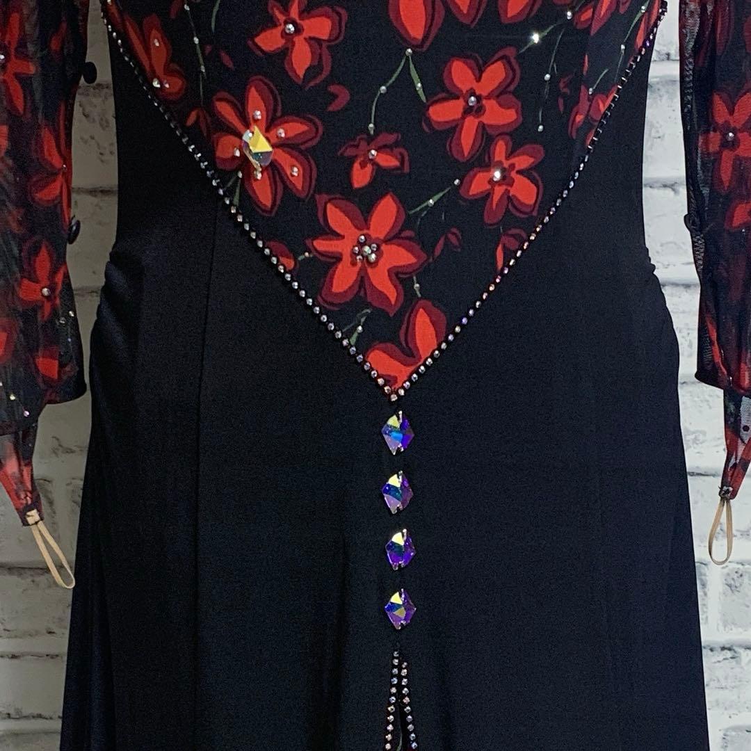 【in the MOOD】日本製　社交ダンス　花柄　赤黒カラー　ドレス　L