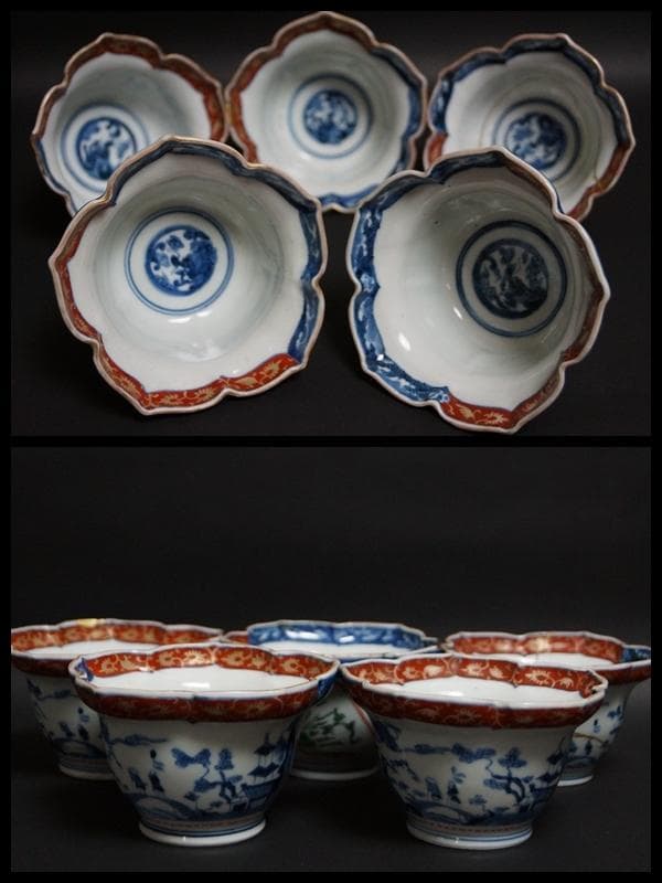 茶道具 古伊万里 色絵『山水風景文』桔梗花形向付 鉢 五客 / 茶事 懐石道具