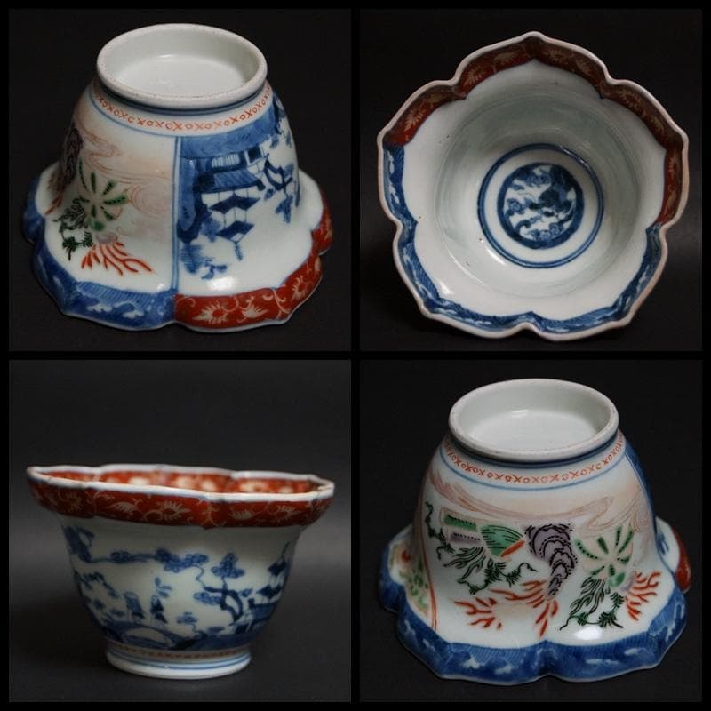 茶道具 古伊万里 色絵『山水風景文』桔梗花形向付 鉢 五客 / 茶事 懐石道具