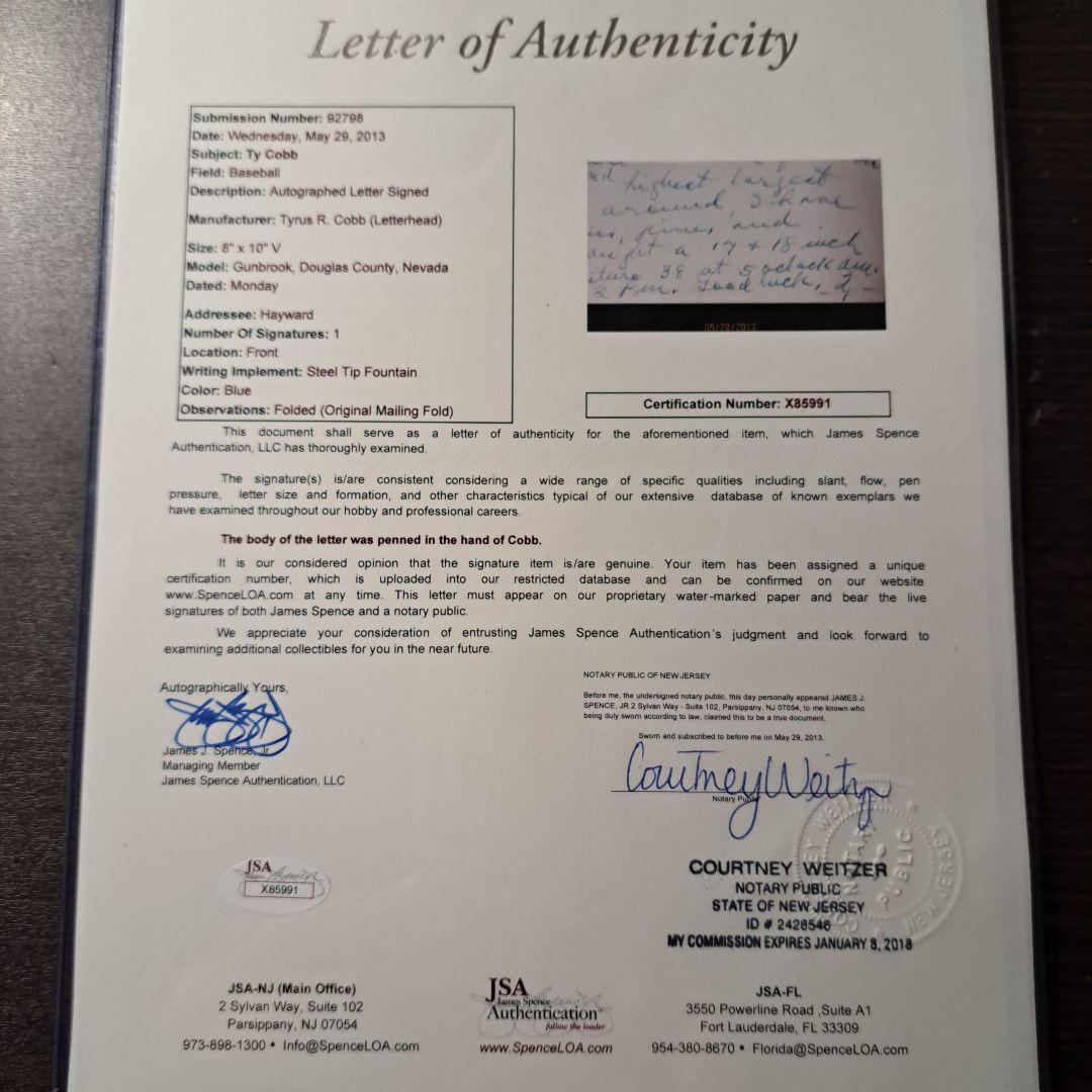 Ty Cobb タイ・カップ　直筆レター　JSA鑑定