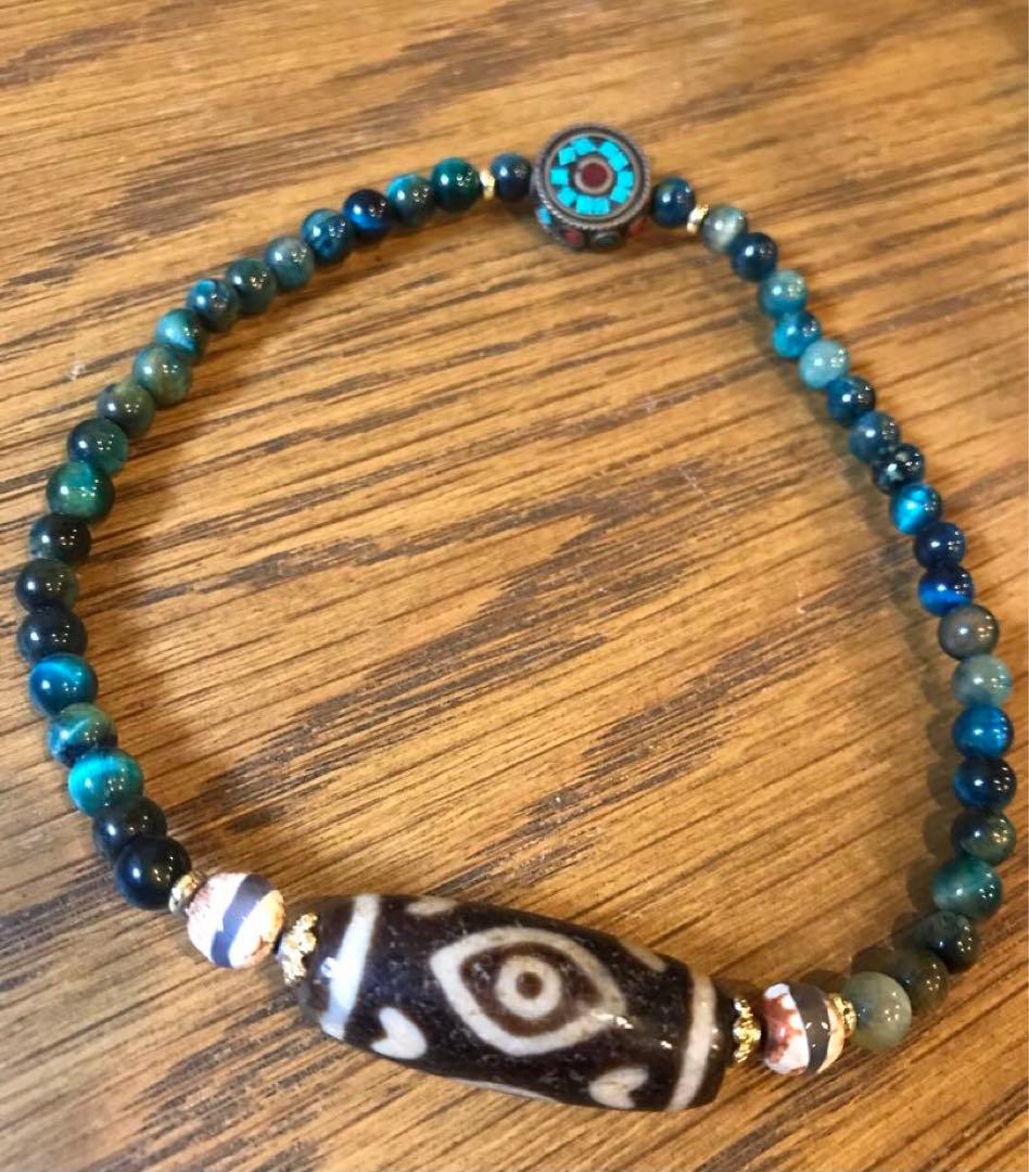 ☘️超レア 龍眼天珠（ドラゴンアイ）ジービーズ Dzi 青虎目石 ブレスレット