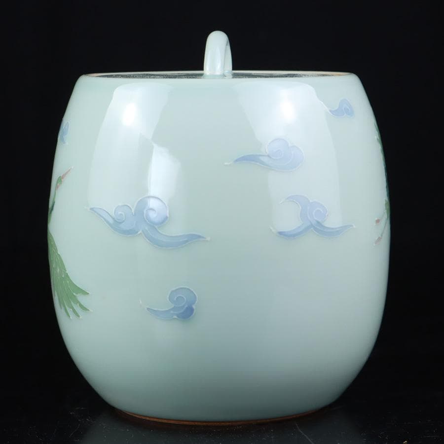 Y3122-29 茶道具 砥部焼 陶詩窯 山下勇 造 鶴文水指 共箱　　さ