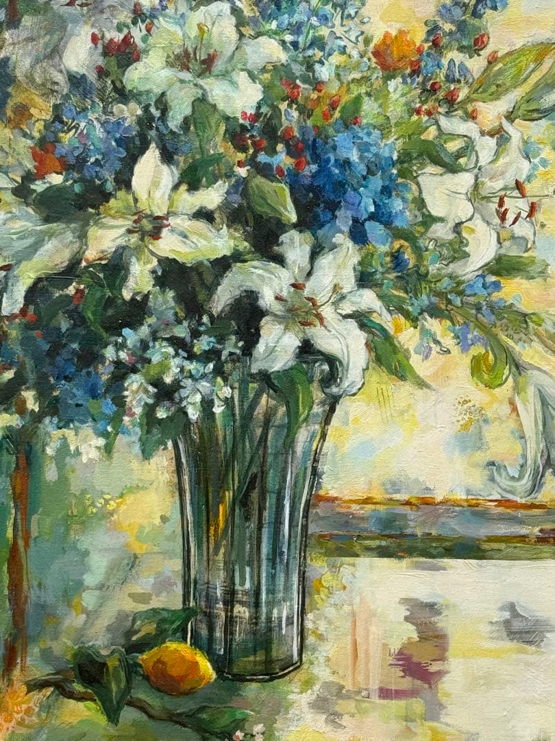 平野能子作　油彩絵　窓辺のボンボニエール　直筆　額装　P50号　送料込み0822