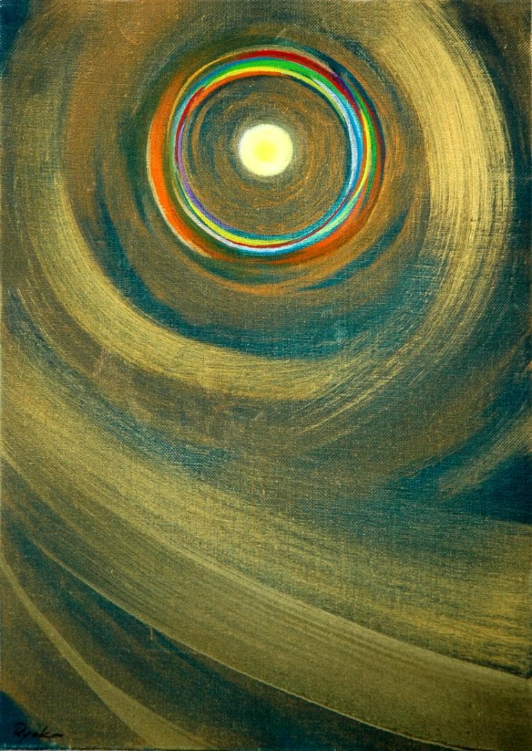 油絵 菅家令子 絵 絵画インテリア額付(青緑＋金色の枠)F4-G212023祈り