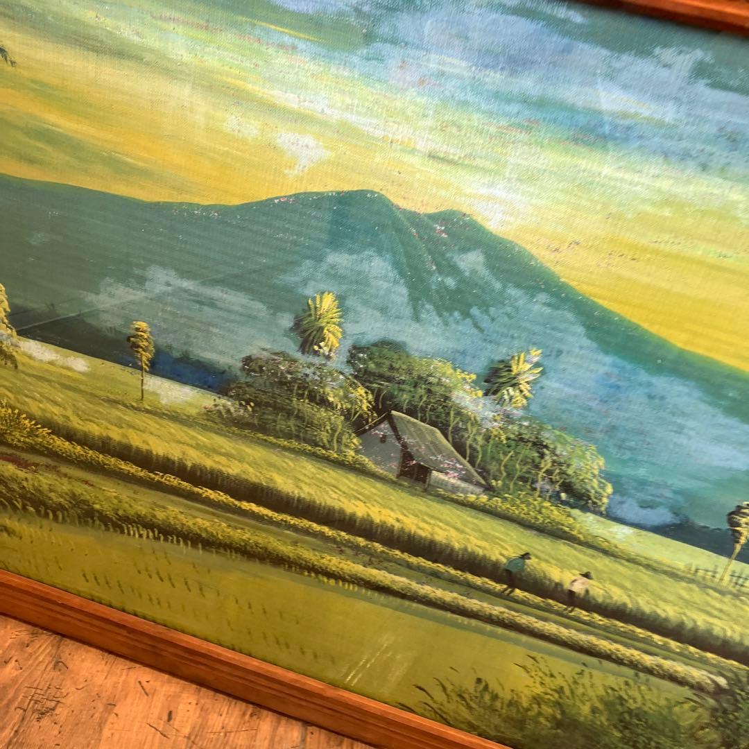 超大型 バリ島 山脈 川 風景画 油彩画 油絵 木製額縁 額装 絵画 壁掛け