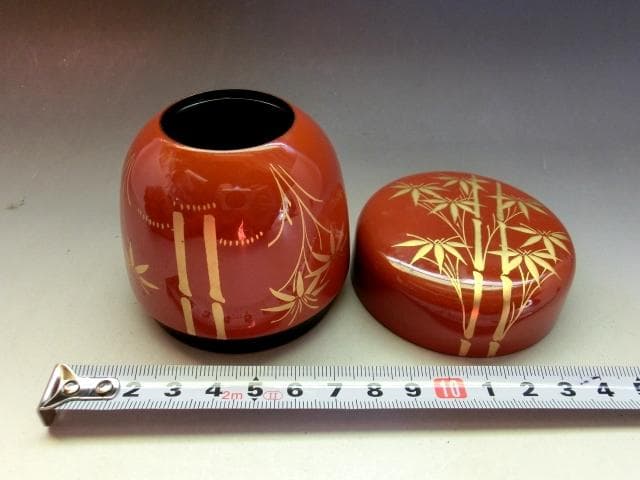 棗■古い蒔絵竹図朱塗り茶入れ 金彩 漆塗り 中棗 時代箱 お茶道具 時代物骨董■