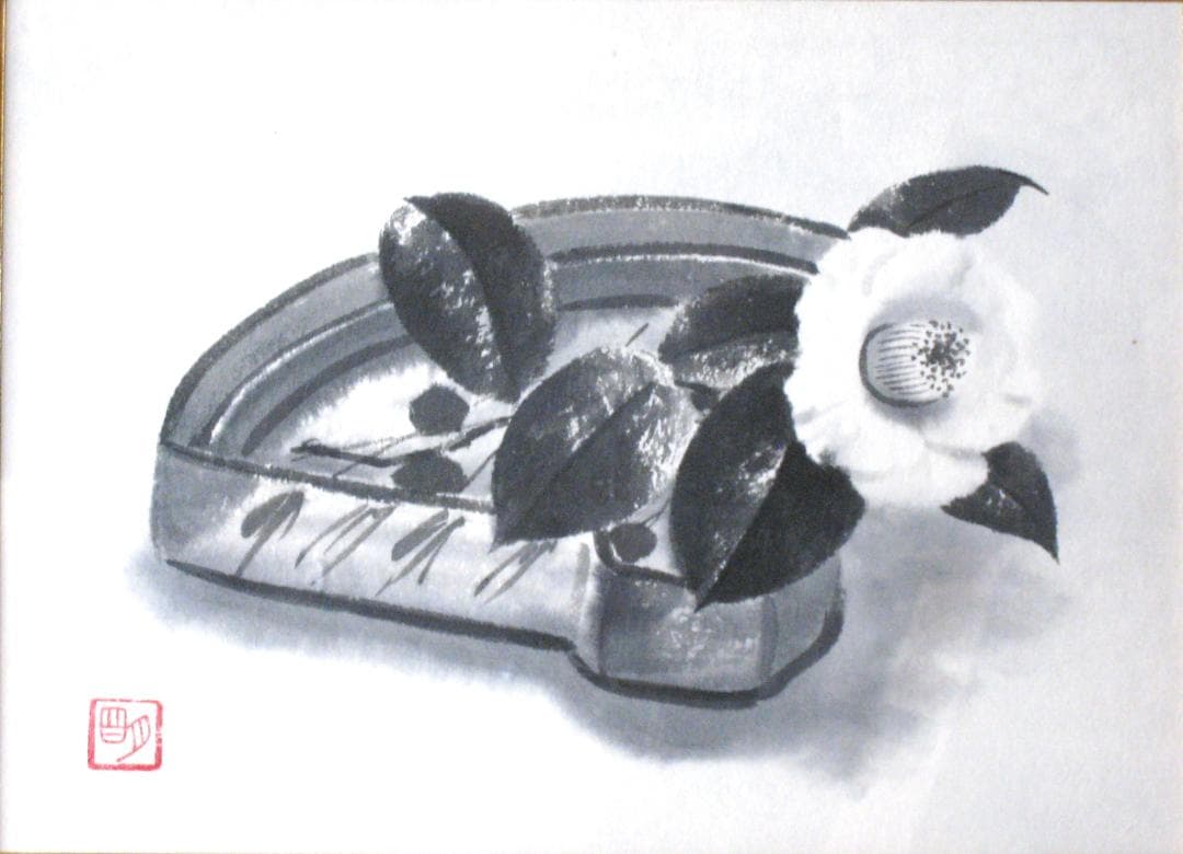 た*ん様 【真筆】穐月 明◆扇鉢の椿　額 ４号 共シール・黄袋・タトウ箱付