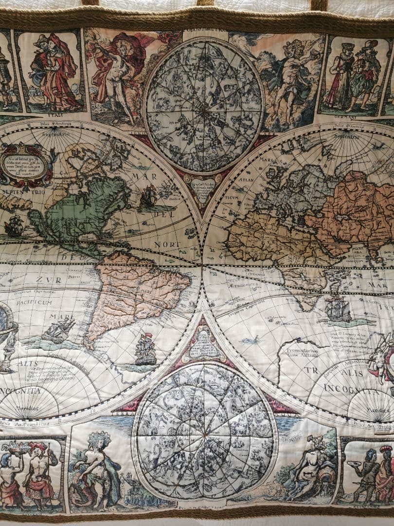 アンティークドイツ ローゼル 17世紀世界地図天体図 ブティ風キルト タペストリ