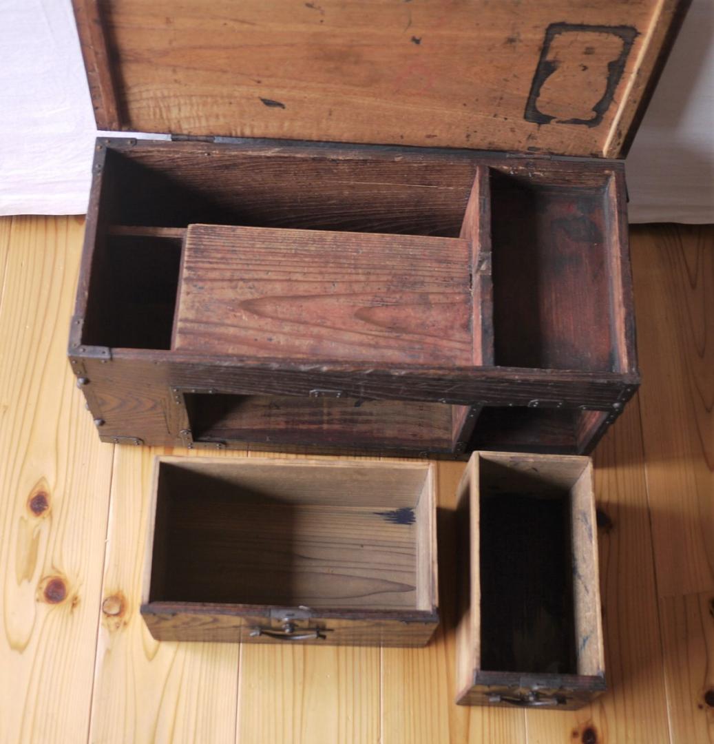 小箪笥　道具箱　帳場箱　硯箱　銭箱　小引き出し　鋲金具　古民具　時代民芸家具