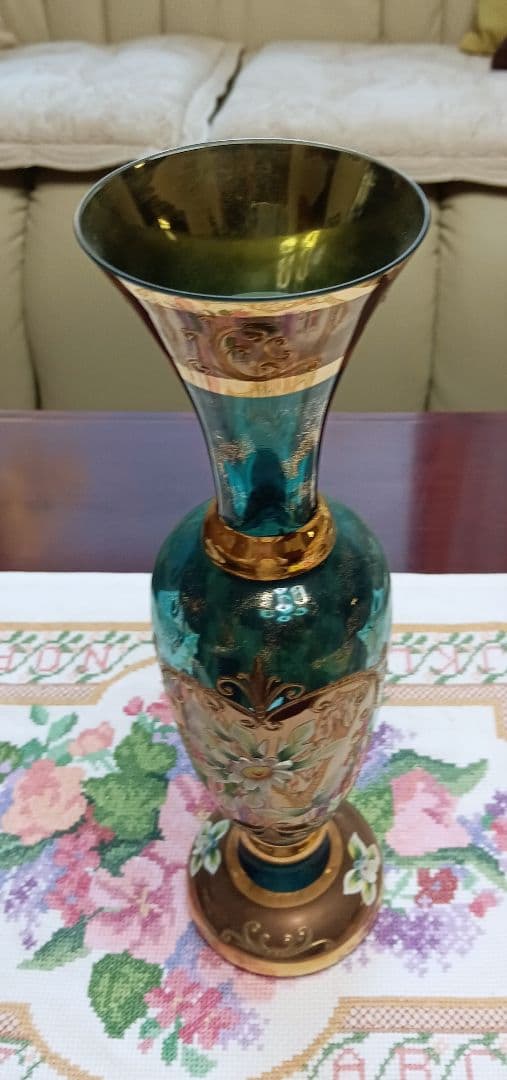 ボヘミアングラス　 花瓶 青・金・茶