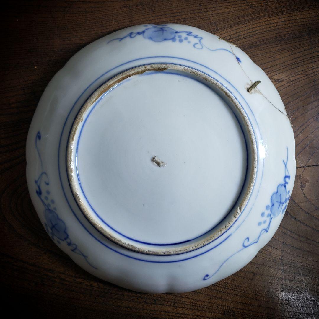 大皿　八寸皿　染付　輪花　山水図　古伊万里　江戸　鎹継ぎ　ハ号
