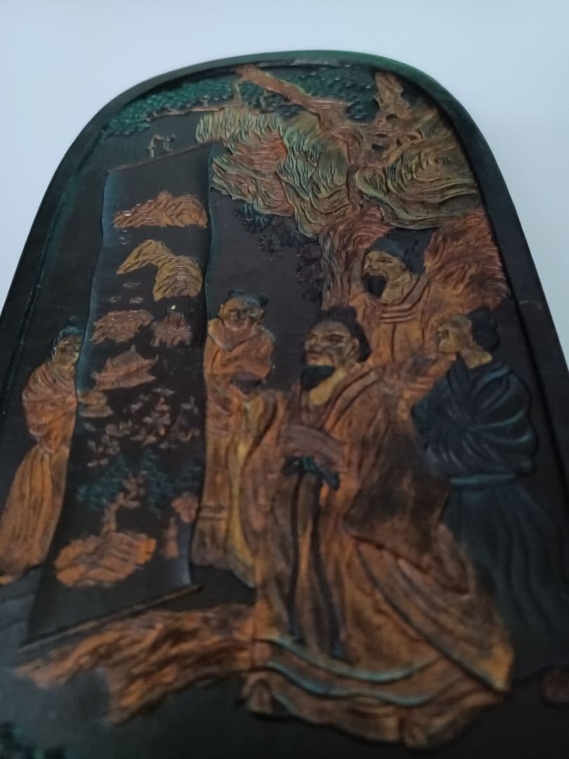 【本漆塗本蒔絵公家の図】江戸末期　総梨地硯箱➕️古硯【程君房】古黒仙入文　美術品