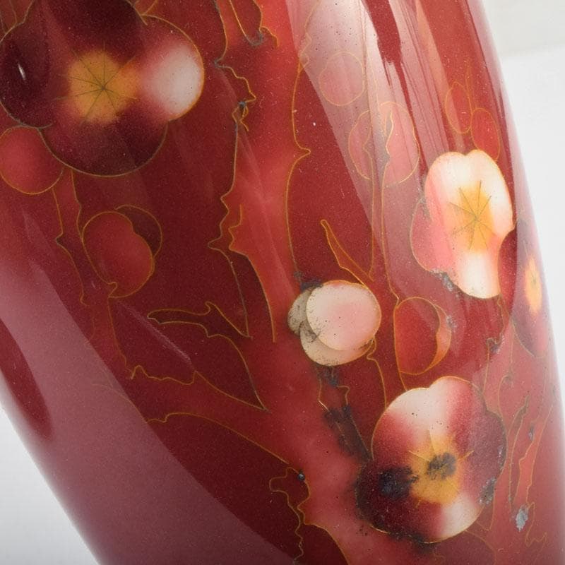 七宝焼　岡田泉作　赤透釉　梅文瓶　花瓶　唐木台付　共箱　V　9133