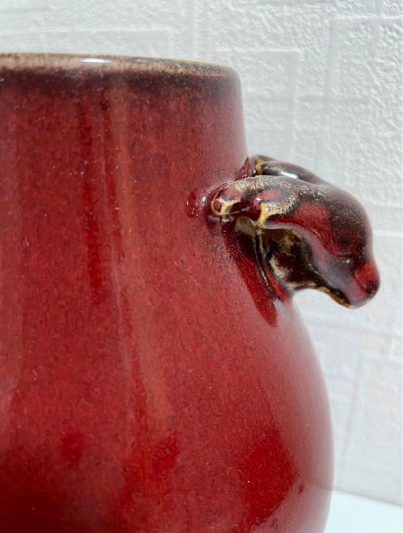 中国 骨董品 清时代 祭紅釉鹿耳尊 本物 アンティーク 紅釉 赤釉 唐物古玩